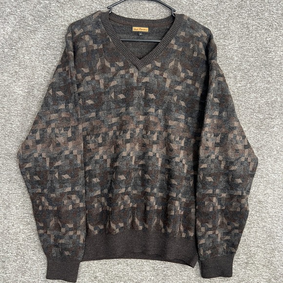 Lenos Romano Mens XL‎ V Neck Sweater Brown Geometric Extra Fine Merino Wool - Picture 1 of 7